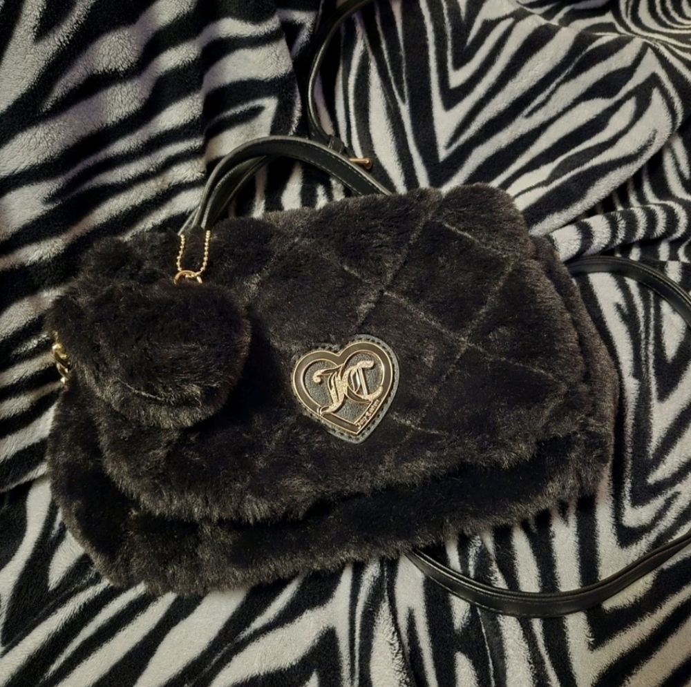 Juicy Couture Black Faux Fur Let's Get Cozy Crossbody Bag